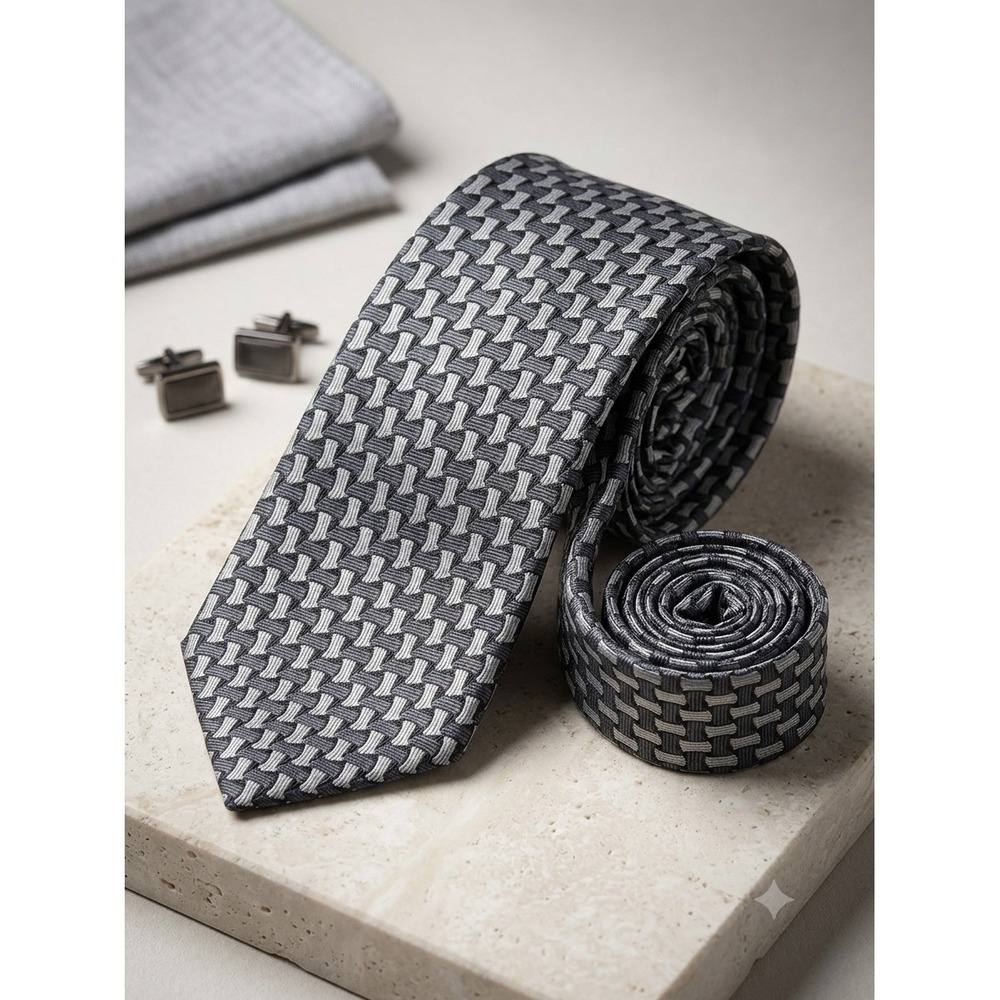 Pierre Balmain Couture Mens Silk Tie Grey Silver Geometric Basketweave Pattern